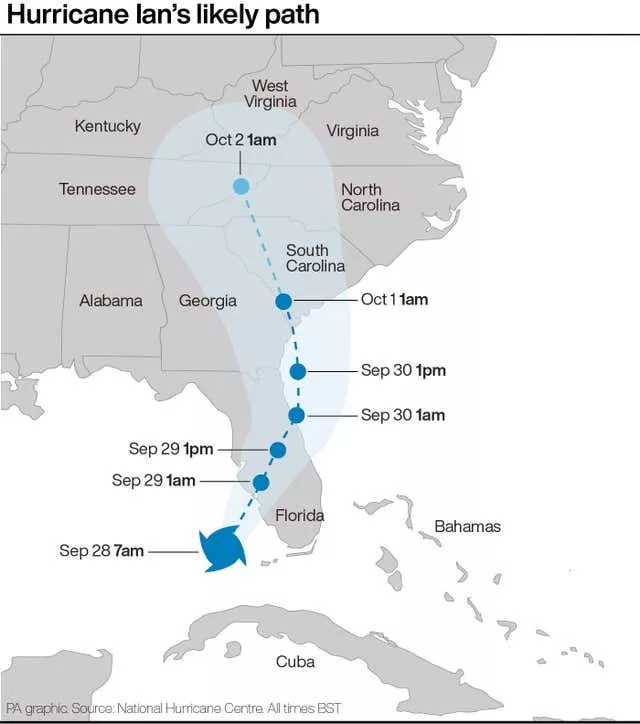 Likely path of hurricane Ian