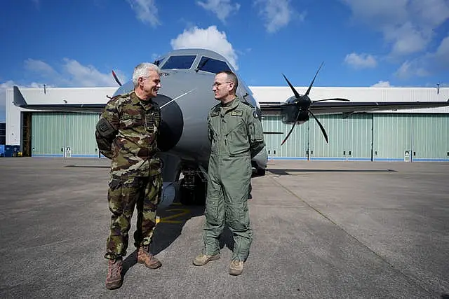 Defence Forces chief of staff Lieutenant General Sean Clancy, left, and Brigadier General Rory O’Connor in front of a new Air Corps C295 surveillance aircraft at Casement Aerodrome, Baldonnel