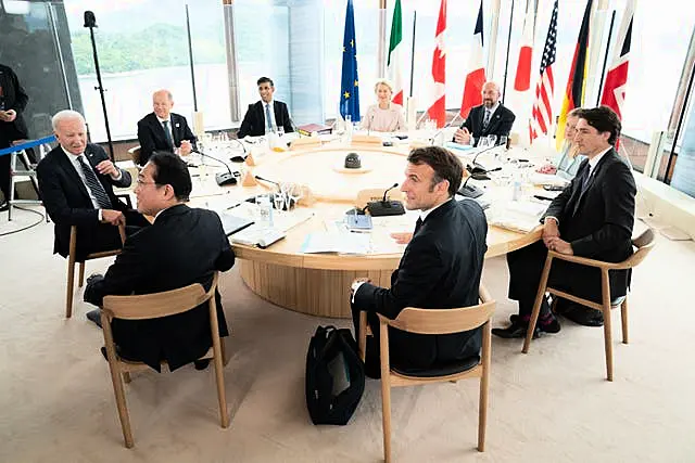 G7 leaders attend a working lunch at the Grand Prince Hotel during the G7 Summit in Hiroshima, Japan (Stefan Rousseau/PA)