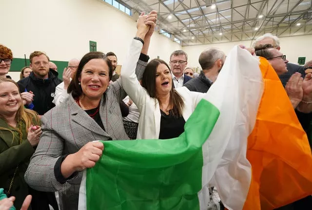 Sinn Fein Leader Mary Lou McDonald, left, celebrates with Sinn Fein candidate Kathleen Funchion 