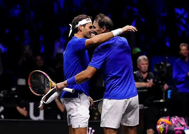 Roger Federer, left, embraces Rafael Nadal after his final match at the Laver Cup