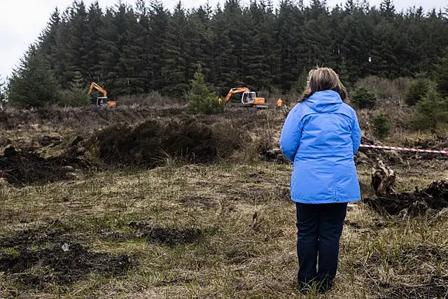 Columba McVeigh's sister Dympna Kerr at Bragan bog near Emyvale in Co Monaghan during a search for the teenager's remains in 2023