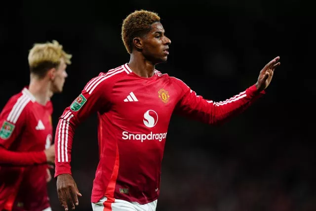 Marcus Rashford points his finger while celebrating a goal for Manchester United