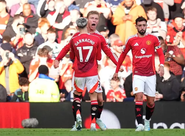 Rasmus Hojlund celebrates scoring for Manchester United against Brentford