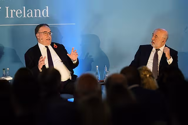 Bank of England governor Andrew Bailey, left, and governor of the Central Bank of Ireland Gabriel Makhlouf speaking at the Central Bank of Ireland Financial System Conference at the Aviva Stadium in Dublin