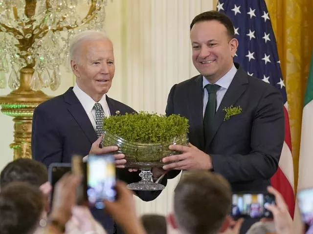 Joe Biden with then-taoiseach Leo Varadkar holding a shamrock