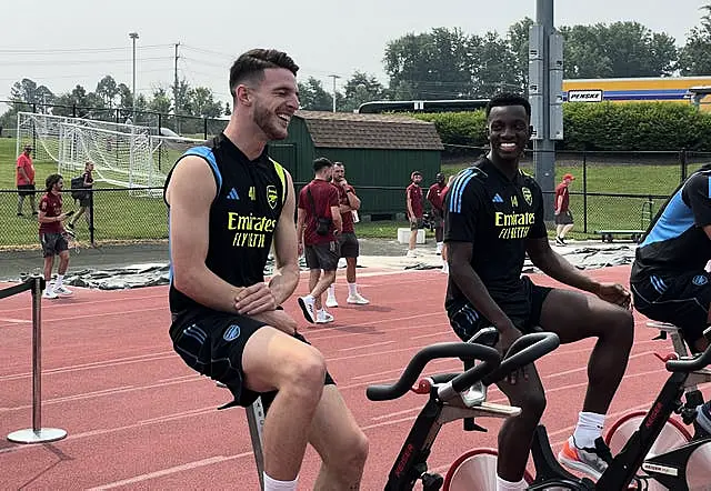 Declan Rice, left, with Arsenal team-mate Eddie Nketiah during a training session Arsenal in Washington DC