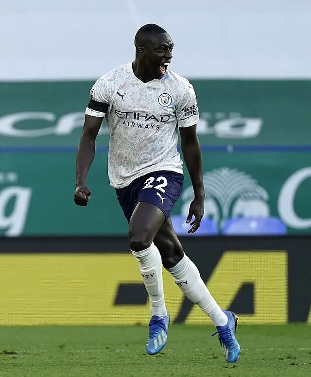 Manchester City’s Benjamin Mendy celebrates scoring in 2021