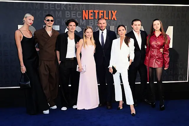 Mia Regan, Romeo Beckham, Cruz Beckham, Harper Beckham, David Beckham, Victoria Beckham, Brooklyn Beckham and Nicola Peltz arrive for the premiere of Netflix’s documentary series Beckham at the Curzon Mayfair in London