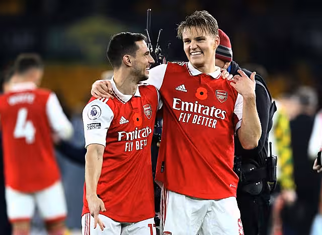 Cedric Soares (left) and Martin Odegaard celebrate
