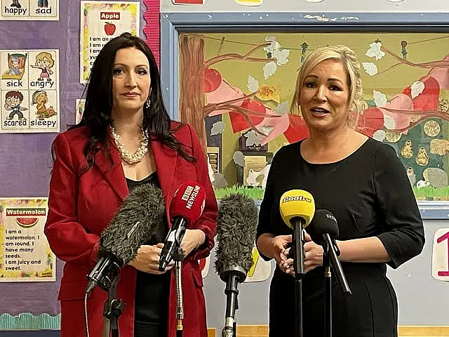 Stormont deputy First Minister Emma Little Pengelly (left) and First Minister Michelle O’Neill (right) speak to the media (Rebecca Black/PA)