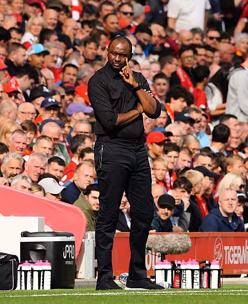 Crystal Palace manager Patrick Vieira looks frustrated on the touchline