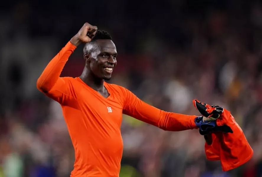 Edouard Mendy celebrates after victory over Brentford