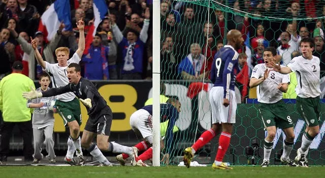 Republic of Ireland keeper Shay Given (left) appeals for handball after France’s Thierry Henry (centre) set up Williams Gallas’ goal at the Stade de France