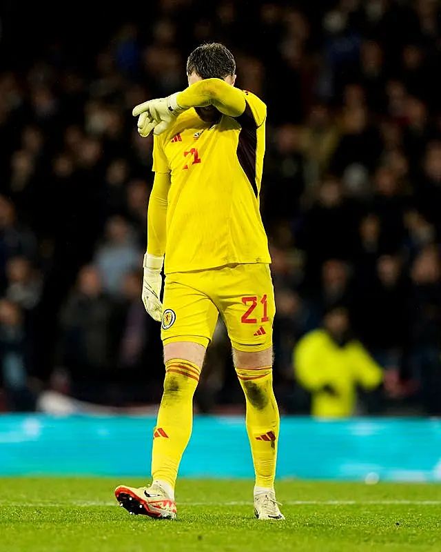 Scotland’s Zander Clark reacts after conceding