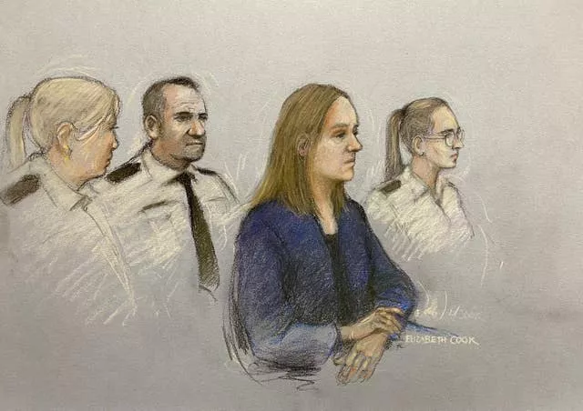 Court artist sketch of Lucy Letby appearing in the dock at Manchester Crown Court