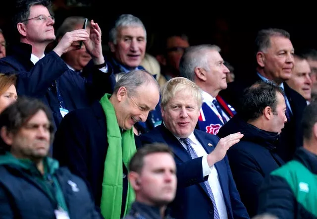 Prime Minister Boris Johnson and Taoiseach Micheal Martin in the stands ahead of the Six Nations match at Twickenham Stadium, London