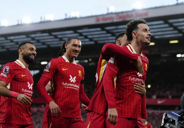 Liverpool’s Curtis Jones (right) celebrates scoring against Chelsea with his team-mates