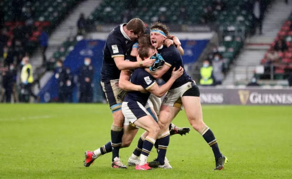 Scotland’s Hamish Watson, Scott Cummings and Scott Steele celebrate after full-time