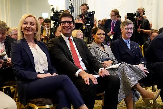 Liz Truss at the rally with former Cabinet colleagues Ranil Jayawardena, left to right, Dame Priti Patel and Sir Jacob Rees-Mogg 