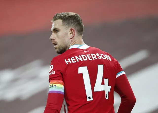 Jordan Henderson wears a rainbow armband as Liverpool captain in support of the Rainbow Laces campaign