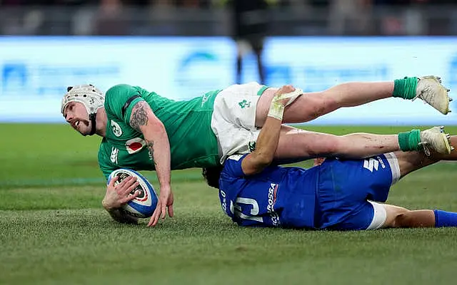 Mack Hansen scored two of Ireland's five tries at Stadio Olimpico