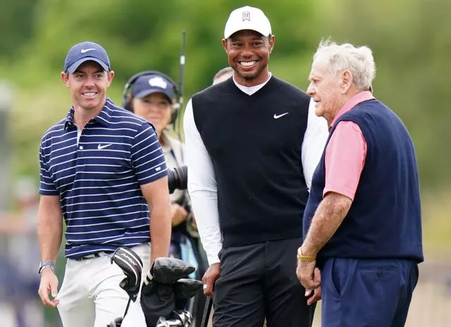 Rory McIlroy, Tiger Woods and Jack Nicklaus share a joke