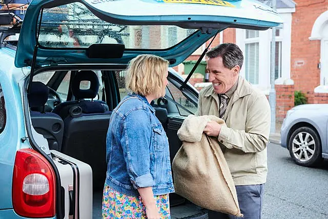 Still from Gavin and Stacey: The Finale showing Stacey Shipman and Uncle Bryn