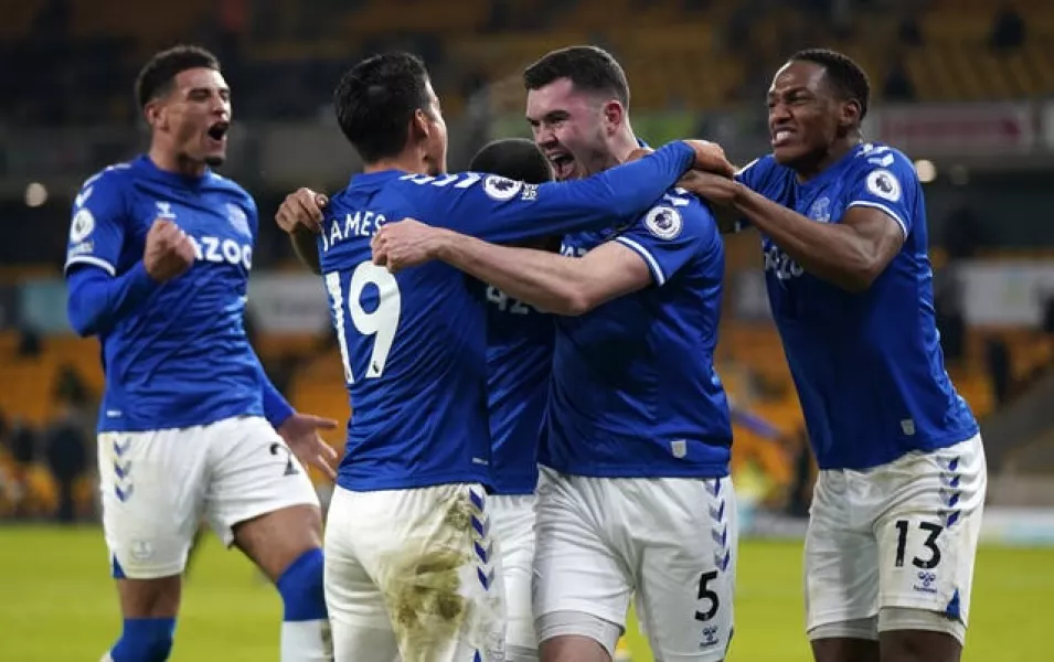 Michael Keane (second right) celebrates his winner for Everton