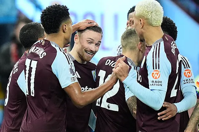 Aston Villa’s Matty Cash celebrates scoring against Brentford with his team-mates