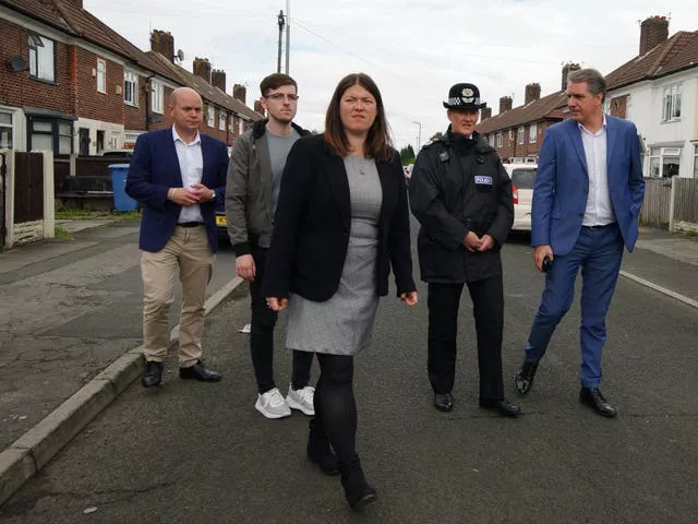 Chief Constable Serena Kennedy from Merseyside Police, with Metro Mayor Steve Rotheram and Merseyside Police and Crime Commissioner Emily Spurrell in Kingsheath Avenue, Knotty Ash, Liverpool, where nine-year-old Olivia Pratt-Korbel was fatally shot on Monday night.