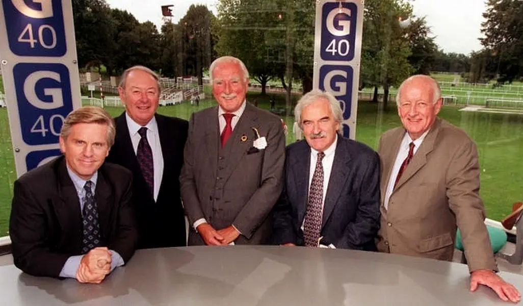 Steve Ryder, David Coleman, Peter Dimmock, Des Lynam and Frank Bough during a celebration for the 40th anniversary of Grandstand