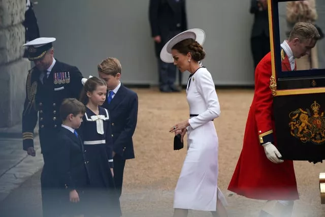 The Princess of Wales, Prince George, Princess Charlotte and Prince Louis arrive for the Trooping the Colour ceremony at Horse Guards Parade 