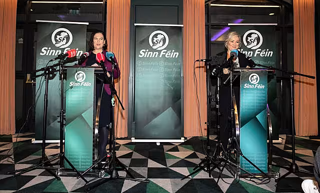 Sinn Fein leader Mary Lou McDonald and Northern Ireland’s First Minister, Sinn Fein vice president Michelle O’Neill, speaking during a press conference at the Alex Hotel in Dublin