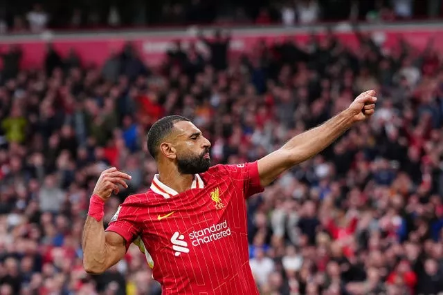 Mohamed Salah celebrates scoring Liverpool's second goal