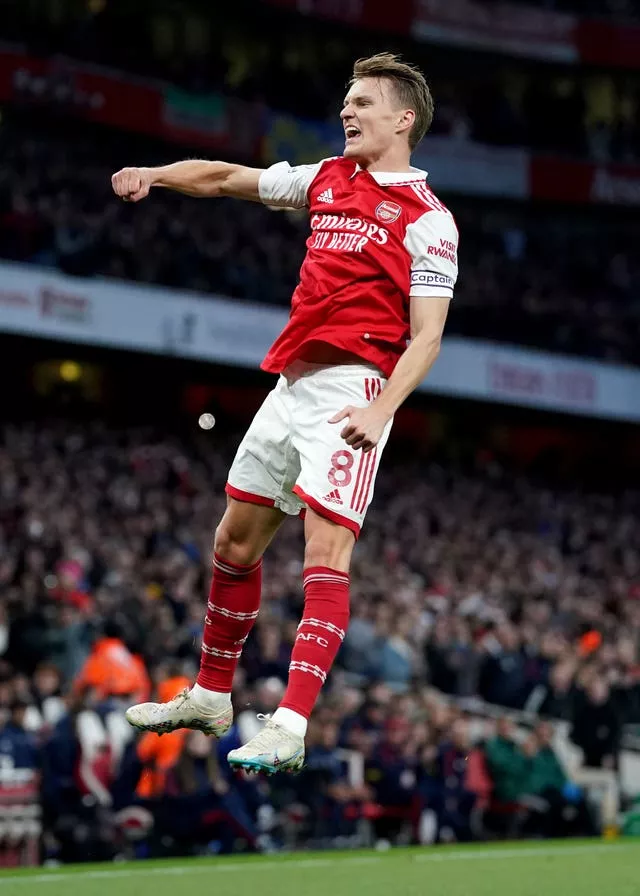Arsenal’s Martin Odegaard celebrates his opener (Adam Davy/PA)