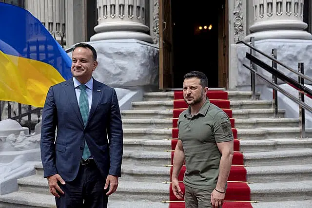 Volodymyr Zelensky (right) welcomes Taoiseach Leo Varadkar to Kyiv 