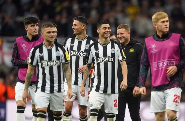 Newcastle head coach Eddie Howe and Fabian Schar after the Champions League victory over Paris St Germain at St James' Park in October 2023.