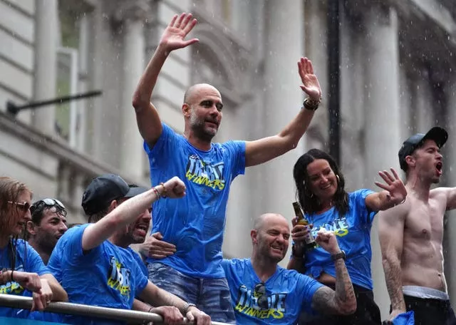 Manchester City manager Pep Guardiola during the Treble Parade in Manchester 