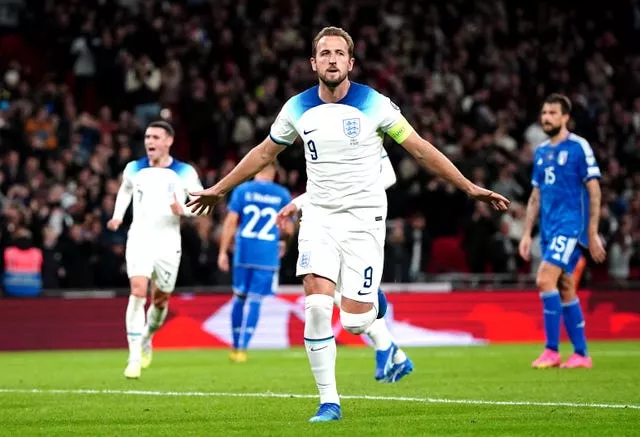 England’s Harry Kane celebrates scoring at Wembley