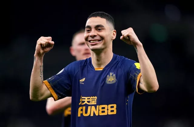 Newcastle United’s Miguel Almiron celebrates at the end of the Premier League match at The Tottenham Hotspur Stadium, London