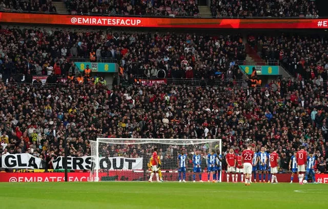 There was a 'Glazers Out' banner behind the goal as Manchester United faced Brighton in Sunday's FA Cup semi-final at Wembley