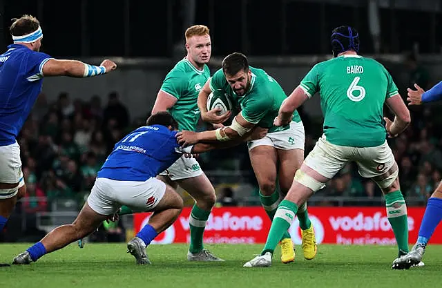 Stuart McCloskey, with ball, is back in France following a trip home for the birth of his second child