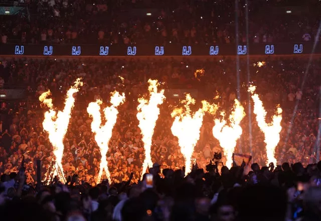 Pyrotechnics are set off ahead of the Anthony Joshua v Daniel Dubois fight