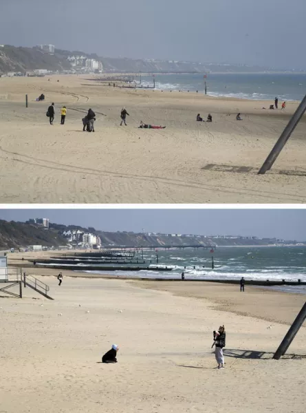 Composite of photos of the seafront in Bournemouth taken today (top) and the same view on 24/03/20 (bottom), the day after Prime Minister Boris Johnson put the UK in lockdown