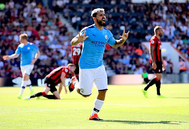 Sergio Aguero celebrates his brace against Bournemouth in August 2019