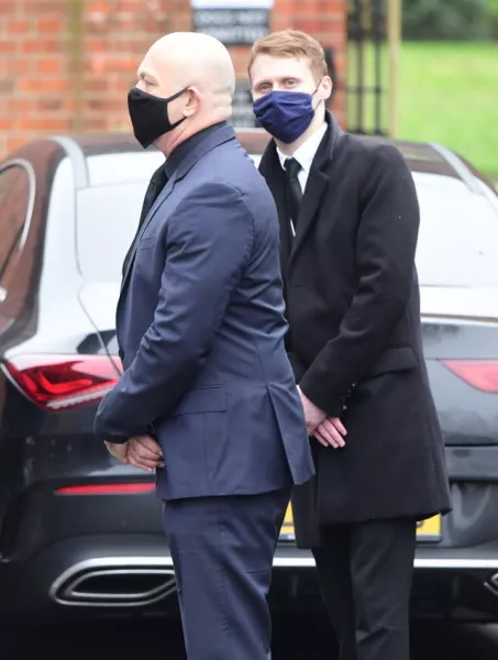 Ross Kemp, left, and Jamie Borthwick arrive at Golders Green Crematorium, north London, for the private funeral service of Dame Barbara Windsor