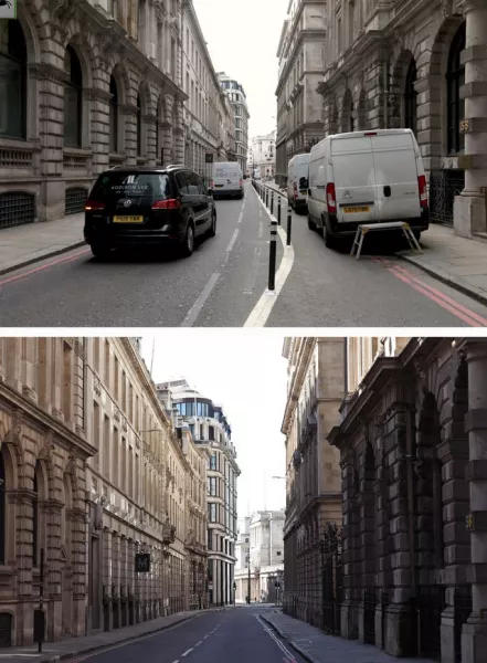 Composite of photos of Old Broad Street with the Bank of England in the distance, in the City of London, taken today (top) and the same view on 24/03/20 (bottom), the day after Prime Minister Boris Johnson put the UK in lockdown 