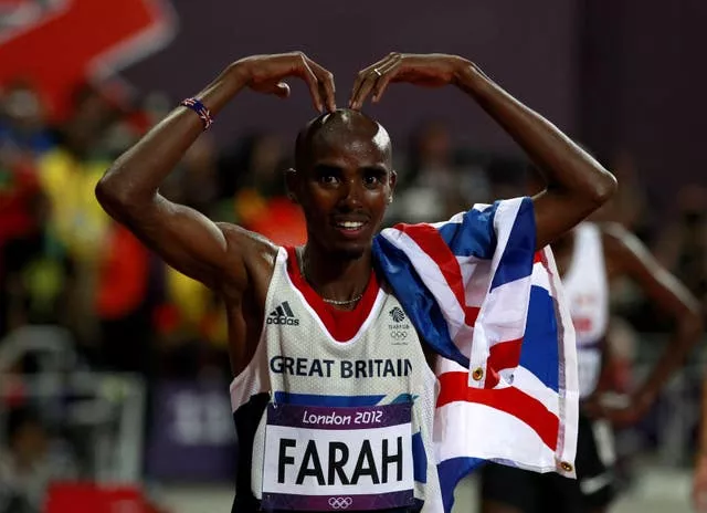 Mo Farah celebrates winning the 10,000m at the London Olympics