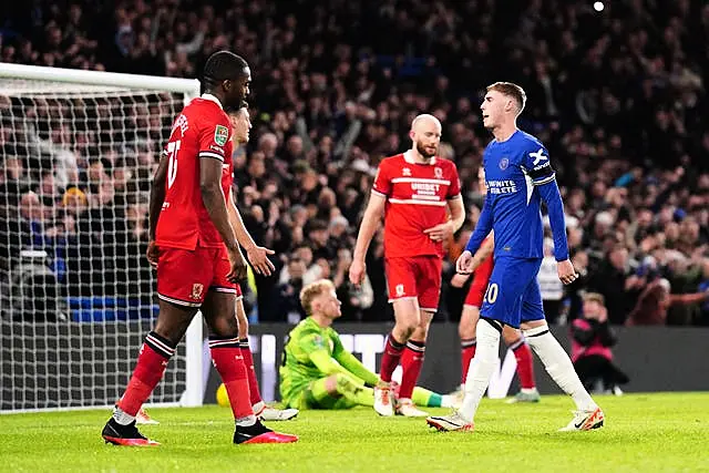 Cole Palmer, right, celebrates after scoring Chelsea’s fifth